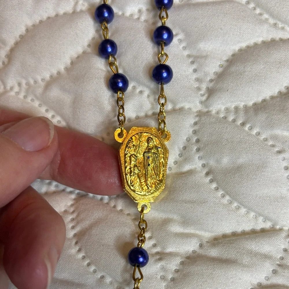 INRI Gold Tone and Blue Beaded Rosary Necklace with Cross Pendant